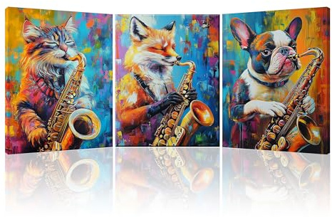 Piy Painting 3 Teilig Wandbilder Mit Rahmen Leinwand Bilder Wohnzimmer Modern Animals Saxophone Abstrakte Bild Katze, Hund Und Fuchs Wandkunst Leinwand Malerei Für Schlafzimmer Badezimmer 30×40 cm