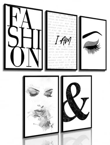 4Good Fashion Wandbild 5er Set – Schwarz Weiß Poster mit Gesicht, Augen & Fashion Schriftzug – Wanddekoration für Wohnzimmer, Schlafzimmer & Ankleidezimmer – A4 ohne Rahmen