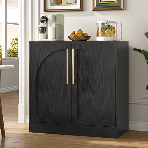 UEV Arched 2-Door Cabinet, Kitchen & Dining Storage Sideboard, Modern Freestanding Cupboard for Crockery, Pantry & Decorative Display, Black