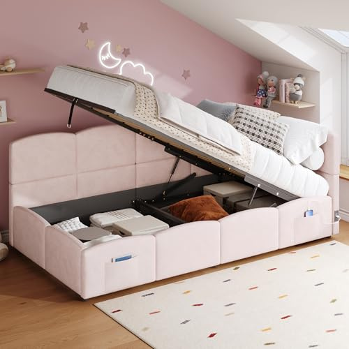 ECLIVON Schlafsofa Polsterbett 90x200 mit USB-Anschluss, Kinderbett Sofa Bett mit Hydraulisch Stauraum, Einzelbett Bettgestell, Stauraumbett mit Bettkasten und Lattenrost, Ohne Matratze, Samt, Rosa