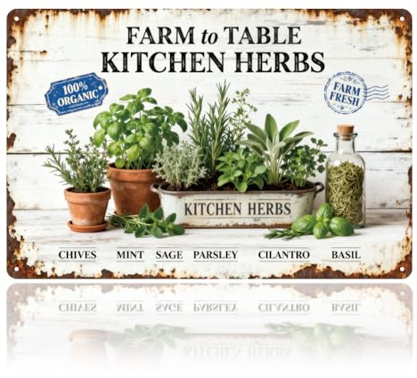 WADORN Küchenkräuter Vintage Metall Blechschild 20x30cm Großes Retro Kunstschild „Farm To Table 100% Bio“ Lustiges Bauernhaus Pflanzendekor Geschenkschild Für Zaun Garten Bauernhaus Hof Wandposter