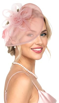 Damen Fascinator Hut Mit Federn Und Mesh-Blumen, Haarclip, Für Hochzeiten | Pillbox-Design Mit Schleier, Perlen Und Spitzen. Ideal Für Hochzeiten, Rennen (Ascot), Teepartys. Mit Stirnbandclip