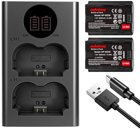 NP-W235 Akku mit Ladegerät für Fujifilm Kamera - X-T4 X-T5 X-H2 X-S20 X-H2S | Schnelles Dual-Slot Micro-USB/USB-C Ladegerät mit 2er-Pack NPW235 Akku kompatibel mit Auto/Powerbank/Laptop