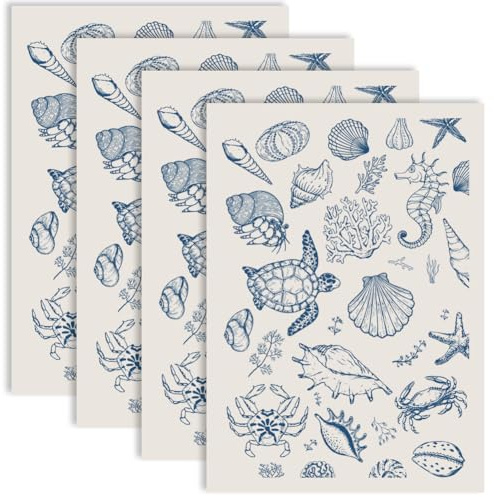 PRESSINART 4 Hojas de Transferencia de Cerámica con Diseños de Conchas de Mar Azul Animal Océano Patrón de Concha Papel de Porcelana de Deslizamiento de Agua para Decoración de Esmalte de Arcilla