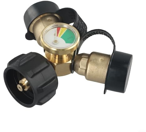 ZAMETTER Propan-Tank-Y-Splitter-Adapter aus massivem Messing mit Messgerät für 2-Wege-Verbindung, um zwei Grillheizungen oder Öfen auf einer 2,3–45,4 kg Nordamerika-Gasflasche zu betreiben