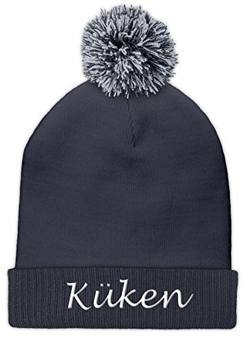 printplanet Pudelmütze mit Namen Küken Bestickt - Farbe Grau - personalisierte Mütze, Strickmütze, Namensstickerei, Bommelmütze