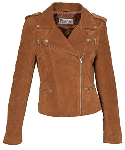 A1 FASHION GOODS Womens Genuine Suede TAN Biker Jacket Girls X-Zip Fitted Leather Coat Rusty (10)