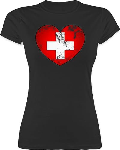 Shirt Damen - Fußball EM WM - Schweiz Vintage Herz - S - Schwarz - fußballtrikot Europameisterschaft Schweizer Tshirt wm-Shirts Fussball Kreuz t-Shirt fußballtrikots fu Ball Shirts em-Shirt