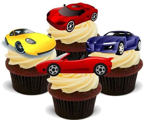 SPORTWAGEN MISCHUNG - 12 essbare hochwertige stehende Waffeln Kuchen Toppers - SPORTS CAR MIX