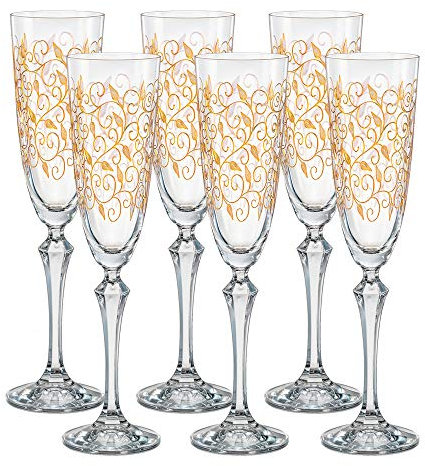 Bohemia Sektgläser Kristall, Sektglas, Sektkelch, Model Leaves Gold, 200 ml, 6er Set