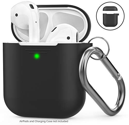 AhaStyle AirPods Case Cover Silicone [Front LED Visible & Supports Wireless Charging] Compatible with Apple Airpods 2&1(2019)(With Carabiner, Black)