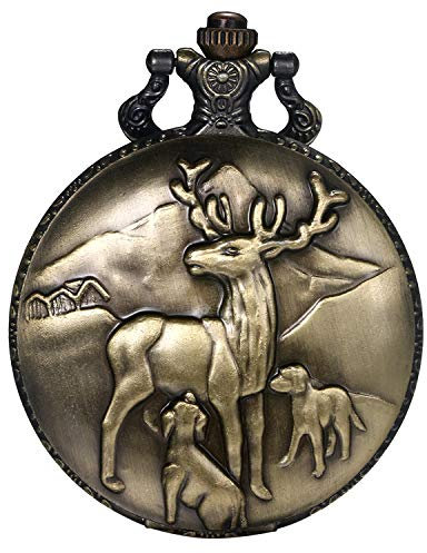 JewelryWe Taschenuhr Retro 3D Elch Familie Quarz Analog Uhr mit Kette Halskette Bronze Geschenk für Herren Damen