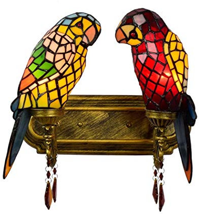 Yjmgrowing Vintage Tiffany Stil Glasmalerei Doppel Papageien Shades Wandlampe für Schlafzimmer Nachtwandleuchte Retro Hotel Flur Korridor Wandleuchten Beleuchtung,110-240 V, E27