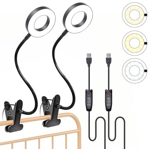 Foneso Klemme Lampe, 48 LEDs Dimmbare Leselampe Bett, 3 Modi und Stufe 10 Dimmen, 360° Flexibel USB Lampe für Lesen, Reisen, Schlafzimmer, Büro (Schwarz),2er-Pack