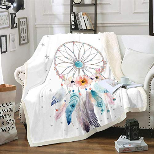 Loussiesd Traumfänger Flanell Fleecedecke 220x240cm Boho Traumfänger Kuscheldecke Böhmische Wohndecke für Mädchen Kinder Frauen Blumen Blumen Hippie Feder