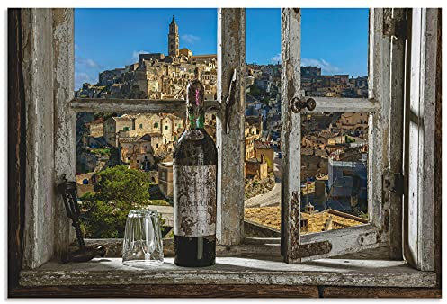 ARTland Wanddeko Wandbild Alu Verbundplatte für Innen & Outdoor Bild 90x60 cm Fensterblick Stadt Italien Wein Fenster Ausblick Mediterran U1XJ