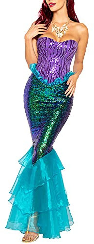 Meerjungfrauenkostüm für Erwachsene, trägerlos, Schlauch-Top, Rüschen, Pailletten, langer Schwanz, Cosplay, Fasching, Halloween-Kostüme (A-Blau, L)