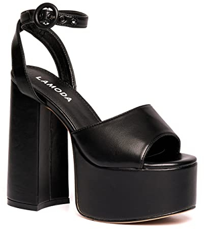 Lamoda All For You Platform Sandals - Black PU Chunky Gothic Heels, Comfortable Fit, Y2K, Festival, and Alternative Street Style Platform Footwear for Women UK6