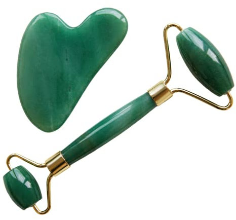 Gesichtsroller und Gua Sha Stein Massage Set in 2 Varianten - beruhigt und entspannt die Haut - Rollmassierer, Augenmassierer (Jade)