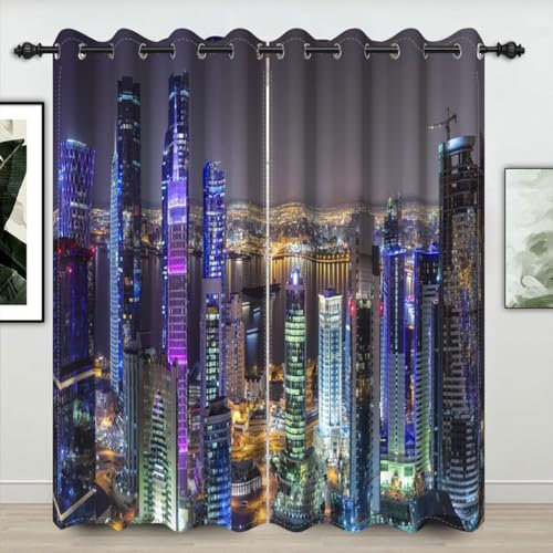 Umpoo New York Verdunkelungsvorhänge mit Nachtsicht, Urban Skyline, Wolkenkratzer, moderne Stadtgebäude, Vorhang für Büro, Wohnzimmer, Schlafzimmer, Dekor, Fenstervorhänge, 2-teiliges Set, 106 x 160