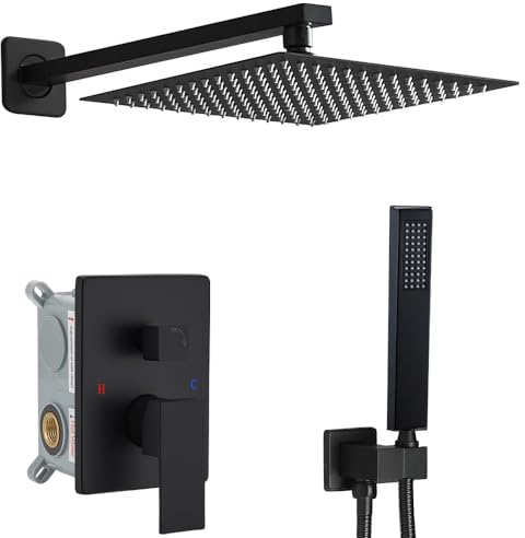 YCAIKOI Duscharmatur-Set komplett, Wandhalterung Duschsystem für Badezimmer, 30,5 cm Hochdruck-Regendusche mit Handheld, rauem Ventilkörper und Verkleidungsset, Mattschwarz