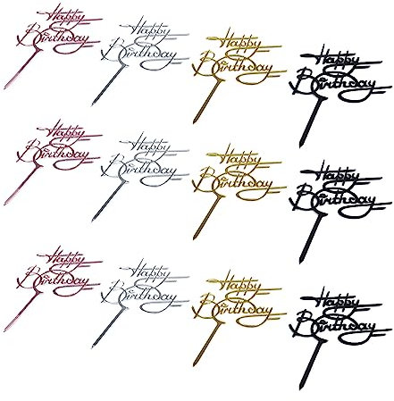 WDONAY 12 Stück Geburtstagstortenaufsätze Acryl Happy Birthday Kuchendekoration Glitzer Kuchen Pick Dekorationen für Geburtstagsparty (Gold, Roségold, Silber, Schwarz)