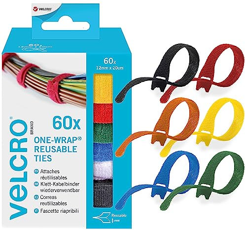 VELCRO Brand | ONE-WRAP | Cinghie Organizzatrici con Gancio e Asola | Legami Riutilizzabili in Assortimento per la Gestione di Cavi a Casa e in Ufficio | Multicolore | 12 mm x 20 cm | Confezione da 60