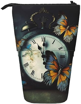 Uhr Schmetterling Drucken Bleistift Beutel Stehen Bis Bleistift Fall Dauerhafte Teleskop Stift Tasche Make-up Tasche Für Bürobedarf, Schwarz , Einheitsgröße