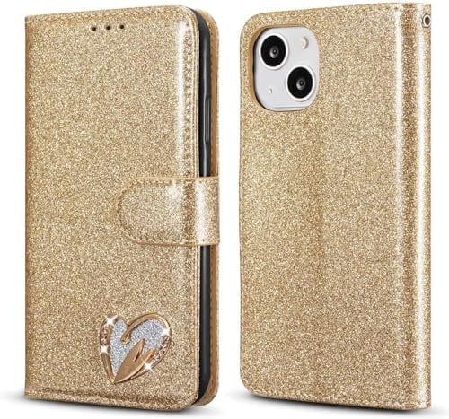 QLTYPRI Wallet Case for iPhone 15, Glitter PU Leather Case TPU Bumper Card Holder Kickstand Wrist Strap Inlaid Heart Diamond Flip Folio Cover for iPhone 15 - Gold