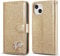 QLTYPRI Wallet Case for iPhone 15, Glitter PU Leather Case TPU Bumper Card Holder Kickstand Wrist Strap Inlaid Heart Diamond Flip Folio Cover for iPhone 15 - Gold