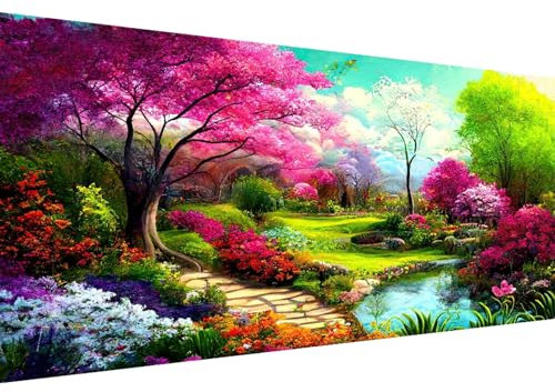 Hjjdiyes Peinture par numéros Paysage de fleurs pour adultes 80 x 40 cm - Kit de bricolage pour adultes - Peinture par numéros - Grande taille XXL - Fleurs d'eau peinte à la main - Kit huileux - Toile