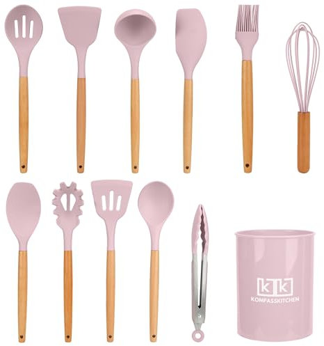 Utensilios de Cocina de Silicona con Mango de Madera, 12 Piezas, Resistentes al Calor y Antiadherentes, Antiarañazos, sin BPA, Set Utensilios de Cocina Silicona, Cucharones de Cocina Silicona (Rosa)