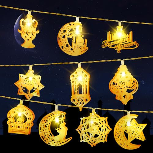 cshare Ramadan Eid Dekorationen Lichterkette, 1.5M 10LEDs Mubarak Islam Batteriebetrieben Stern Mond Lichterketten mit Timer IP65 Wasserdicht, für Ramadan Eid Party Home Garten Innen Außen-Warmweiß