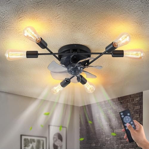 Ventilador de Techo con Luz E27 Industrial Lampara de Techo con Mando a Distancia Plafón de Techo con Ventilador Silencioso 6 Luces Retro Metal Lámparas de araña para Salón Dormitorio Cocina Comedor