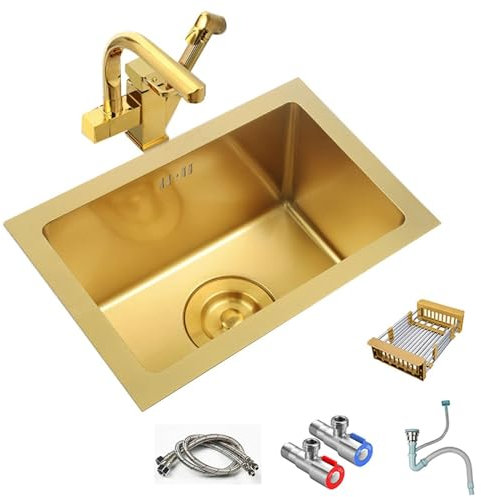 Cuisines Mini Évier De Cuisine Carré Doré Évier De Lavage De Vaisselle en Acier Inoxydable Évier Encastré De Petite Taille Vasque sous Plan avec Robinet Bain (Color : Gold, S : 36 * 36cm)