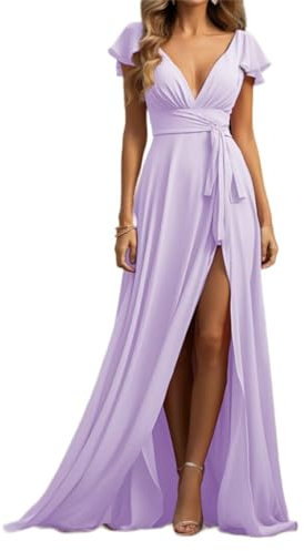 WSEYU Vestidos de dama de honor de gasa para boda, cuello en V, abertura formal, vestido de noche con manga corta, Lila, 36