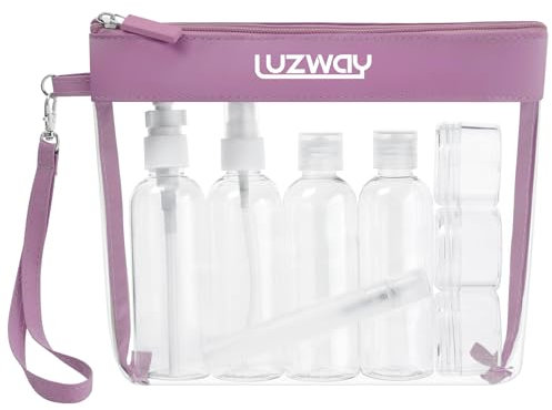 LUZWAY Kulturbeutel durchsichtig Flugzeug Beutel Flugzeugreiseset Transparenter Kulturbeutel mit 5 Sprühflaschen (max. 100 ml Fassungsvermögen) und 3 Flüssigkeitsbehältern (Lila)