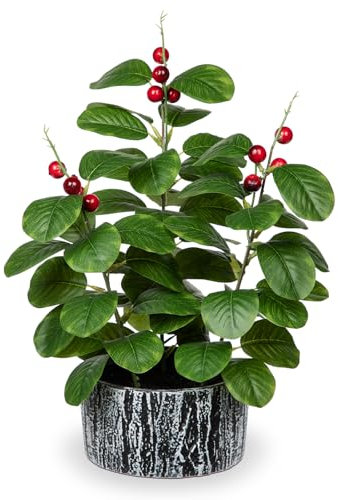 Arborus 16.5 Fake Plants in Pots Artificial Ficus with Red Berries Indoor Faux Green Plants with Black and White Striped Pots Artificial Greenery for Home Decor