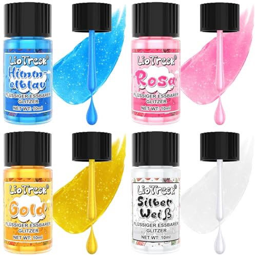 Essbarer Glitzer, 4 Farben Flüssiges Essbarer Glitzer für Getränke Lebensmittelfarben Set, Metallischer Glitzer Essbar für Kuchendekoration, Getränke, Zuckerguss, Cocktails, Erdbeeren - 10ml