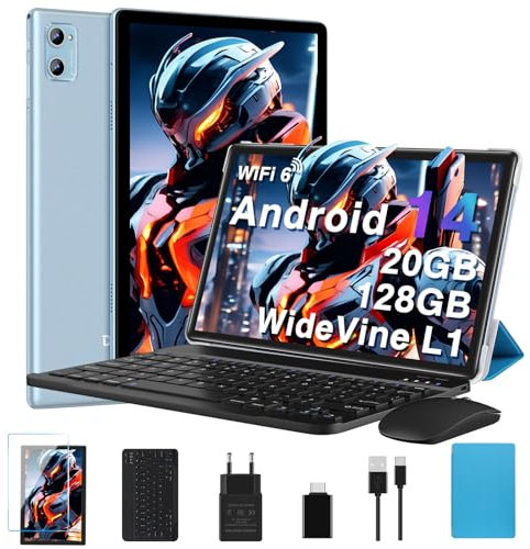 2025 Newest Tablet 10 Pollici 20GB RAM+128GB ROM(TF 2TB), Android 14 Tablets Octa Core, Batteria 6000mAh, 5G+2.4G Wi-Fi 6, BT5.0, 8MP+5MP, Cast, Widevine L1, GMS Tablet con Tastiera e Mouse, Blu