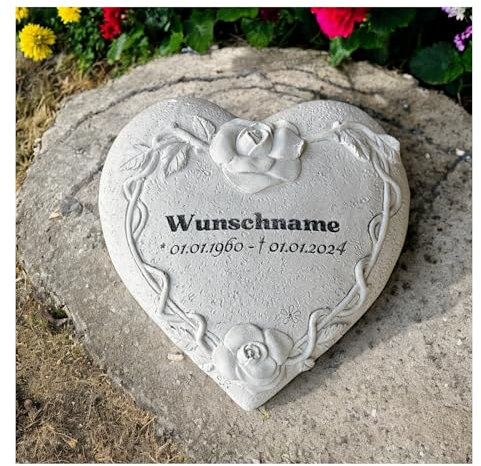 Herz Grabherz mit Rosenranke und Individueller perönlicher Gravur/Wunschtext- Gedenkstein Grabschmuck Dekoration 14,5 cm Steinguss Natur Grau