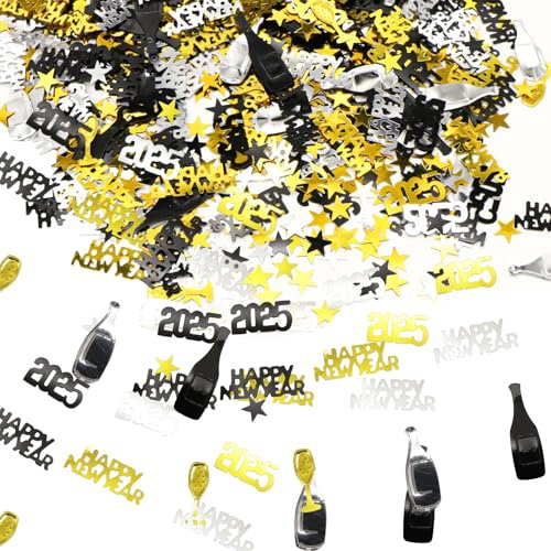 Silvester Konfetti,Silvester Tischdeko,Happy New Year Deko 2025,Silber Gold Schwarz Neujahr Party Confetti Streudeko Luftballons Glitzerkonfetti,für Hochzeit Neujahrsdekoration Silvesterparty(30g) (A)