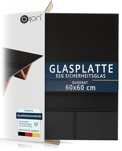 bijon Glasplatte Schwarz Tisch ESG Sicherheitsglas Quadratisch - Für Esstisch, Couchtisch, Gartentisch, Schreibtisch, Bodenplatte, Funkenschutz, Kaminschutz - Glasplatte 60x60 cm