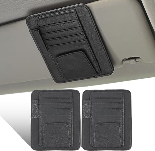 Mtsooning 2 Stück Organizer Sonnenblende für Auto, Leder Multifunktionaler Sonnenbrillenhalter und Visor Aufbewahrungsclip für Karten (Schwarz)