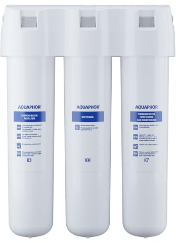 AQUAPHOR Crystal H TRIO Trinkwasserfiltersystem mit 1 Wege Wasserhahn Wasserenthärter mit Keimsperre Mikrofiltration bis 0,8 Mikrometer