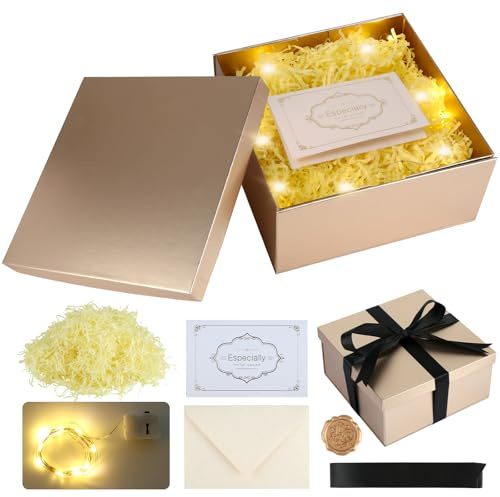 Geschenkbox mit Deckel Set, 20 * 20 * 10cm Geschenke Box, Faltbare Geschenkkarton mit Band+Grußkarte+Umschlag+Umschlagstempel+Raffia Füllmaterial+LED-Licht für Geburtstag, Hochzeit (Roségold)