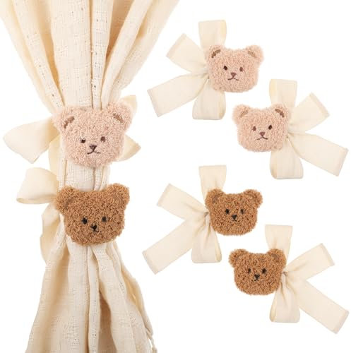 MBAIYO 4 Stück Bären Gardinen Raffhalter, Süßer Cartoon Bär Gardinenclips Vorhanghalter Seil Teddybär Kinderzimmer Dekor Niedliche Vorhang Halter Clips für Zuhause Büro Schlafzimmer Wohnzimmer