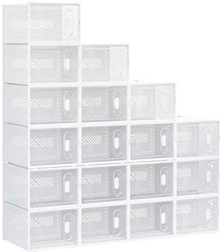 HOMCOM 18er Set Schuhboxen, Schuh-Organizer mit magnetischen Türen, Schuhkarton mit Deckel, Schuhaufbewahrung aus Kunststoff, für Schuhe bis Größe 45, Transparent+Weiß