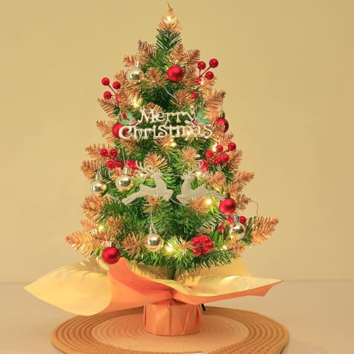 Tabletop Mini Christmas Tree with Lights 45cm/18in Small Tabletop Artificial Christmas Tree Gold Table Centrepiece Pre Lit Xmas Decoration with Ornaments for Home Office Party