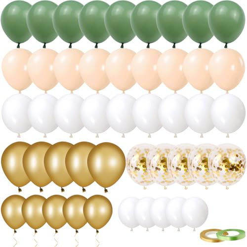 70 Stück Luftballons Salbeigrün Beige, Grün Gold Weiß Konfetti Latex Balloons - Babyparty Geburtstag Hochzeit Party Taufe Dekoration